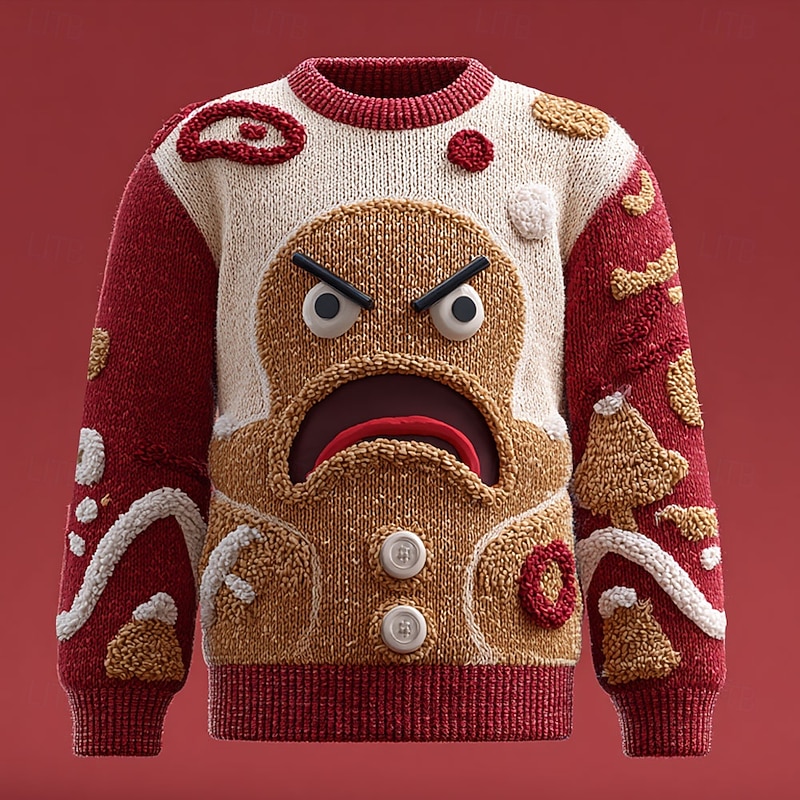 Ugly Christmas Sweater Men's Cartoon Gingerbread Pullover Sweater Jumper Knitwear Crewneck Casual Vacation Daily Festival 3D Print Keep Warm Long Sleeve Spring Fall Winter White Red Purple