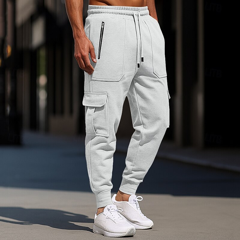 Men's Cargo Sweatpants Sweatpants Fleece Pants Joggers Trousers Drawstring Zipper Elastic Waist Solid Color Plain Windproof Outdoor Full Length Casual Daily Vacation Fashion Black White Micro-elastic4