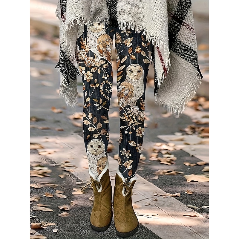 Women's Leggings Vacation Vintage Fashion Full Length High Waist Floral Graphic Owl Printing Thermal Warm Soft Breathable High Elasticity Vacation Street Casual Black Spring Fall Winter Slim Fit