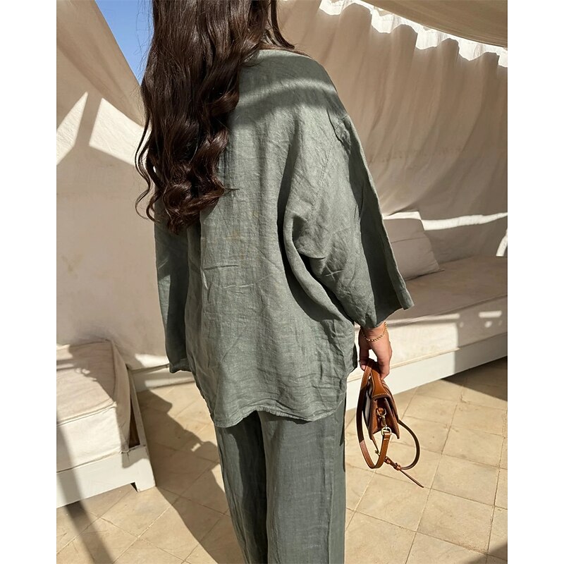 Women's Active Fashion Blouse Pants Sets Long Sleeve Shirt Collar Solid Color Dubbele Rij Knopen Vacation Casual Daily Green Summer Regular Fit3