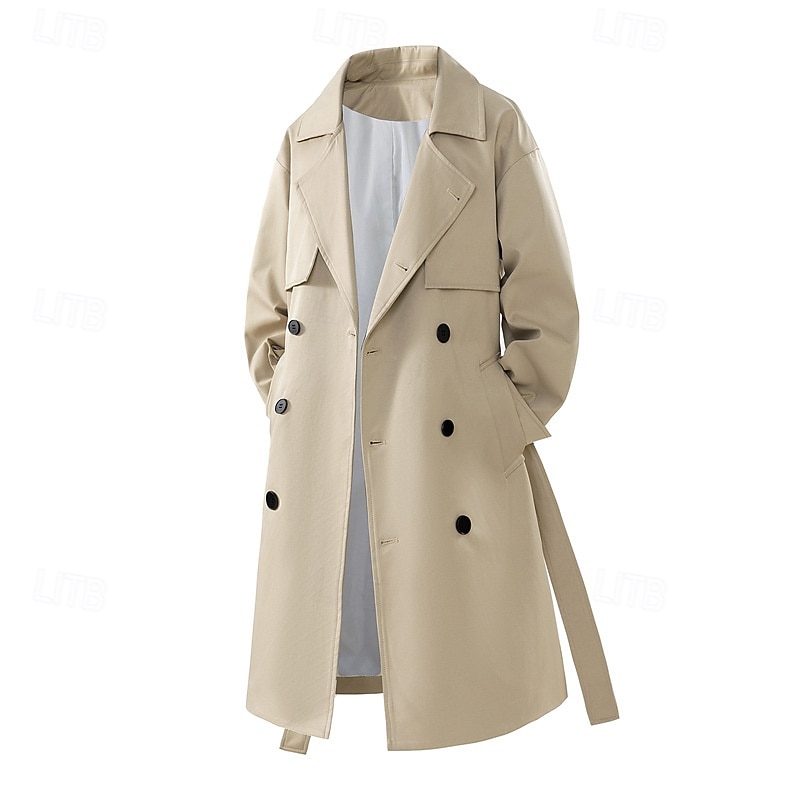 Men's Overcoat Trench Coat Long Trench Coat Vacation Daily Fall & Winter Polyester Windproof Soft Outerwear Clothing Apparel Fashion Classic Plain Pocket Lapel Double Breasted