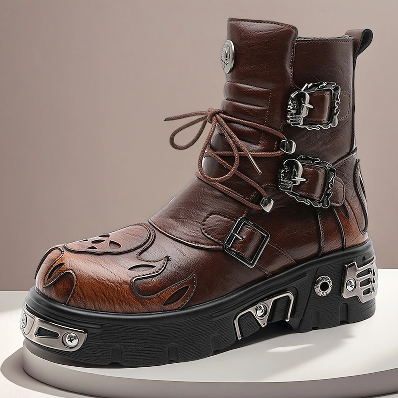 Men's Brown Gothic Flame Platform Boots Lace-Up Punk Biker Boots with Buckles and Metal Details for Halloween Parties, Horror Cosplay and Themed Festivals