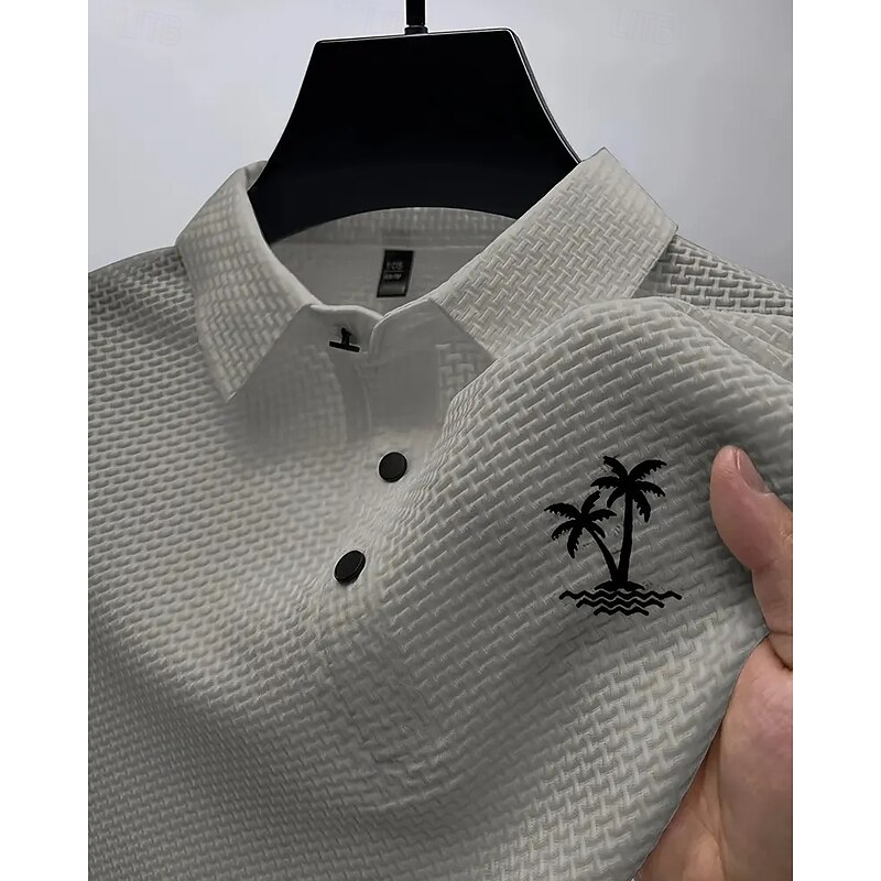 Men's Golf Shirt Golf Polos Shirts Work Casual Lapel Short Sleeve Basic Modern Coconut Tree Jacquard Buttons Summer Regular Fit White Navy Blue Blue Light Grey Golf Shirt3