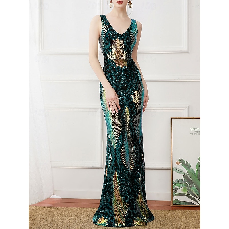 Sheath / Column Mother of the Bride Dress Elegant Vintage Sparkle & Shine V Neck Floor Length Sequined Polyester Sleeveless with Beading4