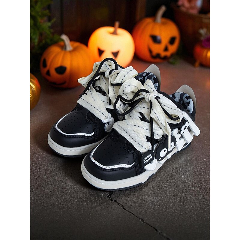 Women's Halloween Cartoon Sneakers with 3D Ghost & Flower Decor – Black and White Casual Lace-Up Shoes for Fall Festivals, Streetwear and Night Markets
