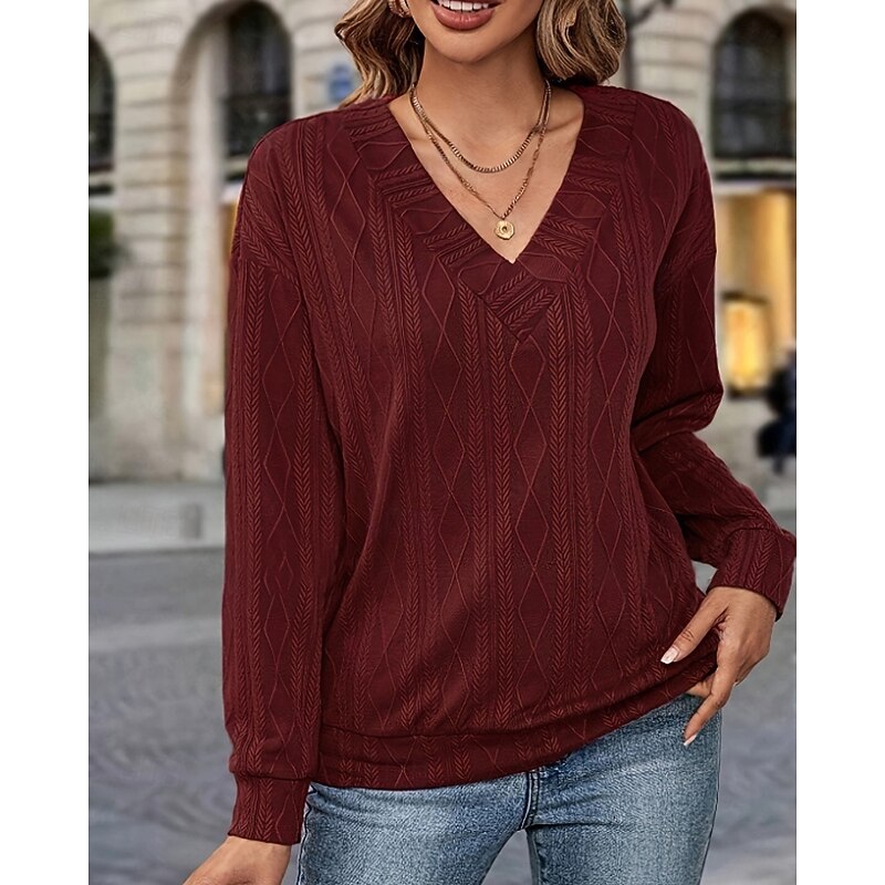 Women's Blouse Plain Stylish Long Sleeve V Neck Regular Tops Daily Holiday Going out Ruched Wine Fall Winter3