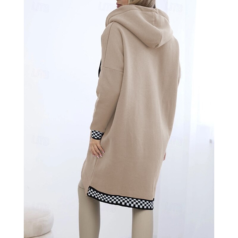 Women's Trench Coat Hoodie Jacket Warm Comfortable Zipper Pocket Irregular Hem Casual Plaid Vacation Going out Weekend Long Hooded Loose Fit Long Sleeve Outerwear Black White Pink Fall Winter2