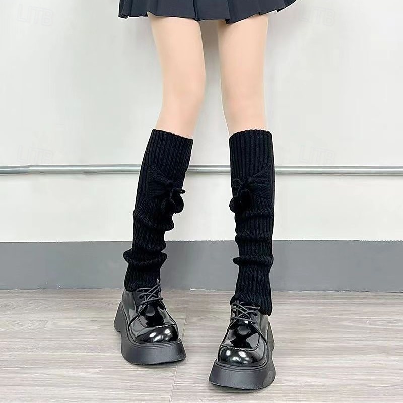Cute Lolita Bow Ball Knee High Socks, Solid Color Ruffled Sock Covers, JK School Uniform Style, Spring and Summer Women Knit Calf Socks2