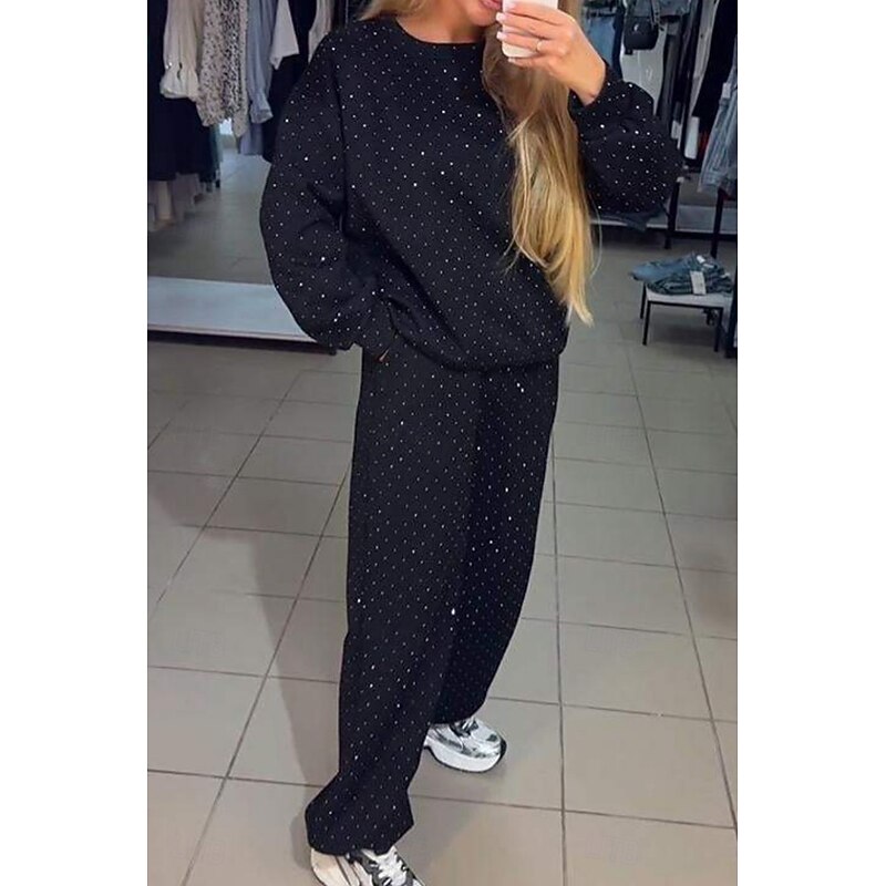 Women's Fashion Streetwear Pants Sets Bolero Top Long Sleeve Crew Neck Solid Color Sequins Outdoor Work Casual Black White Blue Fall Loose Fit3