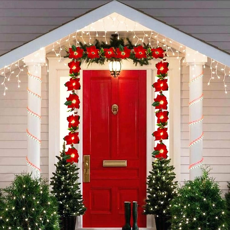 Christmas Poinsettia Garland with Light, Lighted Artificial Garlands with Red Flowers and Berries, Battery/USB Operated Poinsettia String Lights, Light up for Xmas2