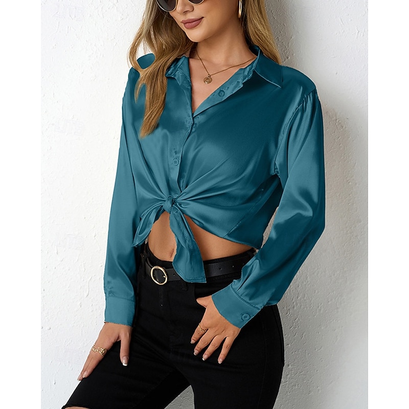 Women's Shirt Elegant Dressy Satin Solid Color Stylish Casual Long Sleeve Shirt Collar Regular Tops Daily Going out Buttons Light Green Blue Sky Blue Camel Purple Spring Fall