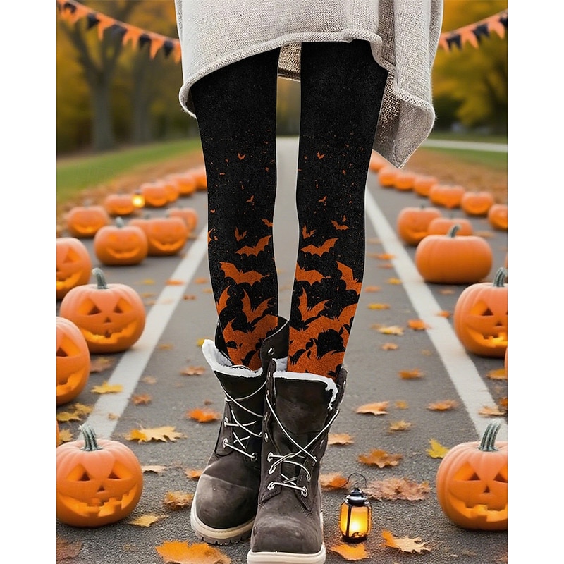 Women's Pants Trousers Leggings Cozy Leggings Streetwear Casual Full Length High WaistPantsHalloween Bat Elastic Waist Print Breathability Comfortable Stretchy Vacation Street Daily Wear Black Summer3