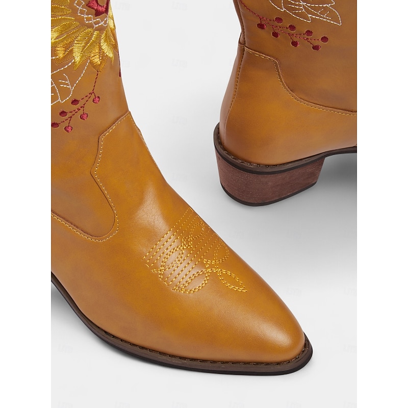 Women's Cowboy Boots – Western Embroidered Sunflower Faux Leather Chunky Heel Boots for Casual Wear, Festivals and Parties4