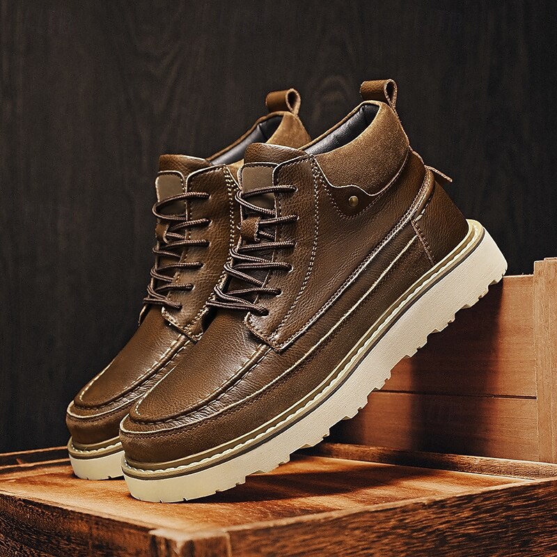 Men's Brown Lace-Up Boots – Vintage-Inspired Leather Ankle Boots with Durable Sole for Business Casual, Travel and Outdoor Use