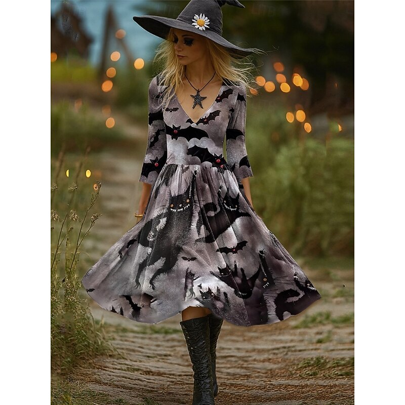 Halloween Women's Witch Print Midi Dress A Line Dress Vacation Casual Party Regular Fit Graphic Hocus Pocus Long Sleeve V Neck Orange Dark Grey Light Orange Spring Fall3