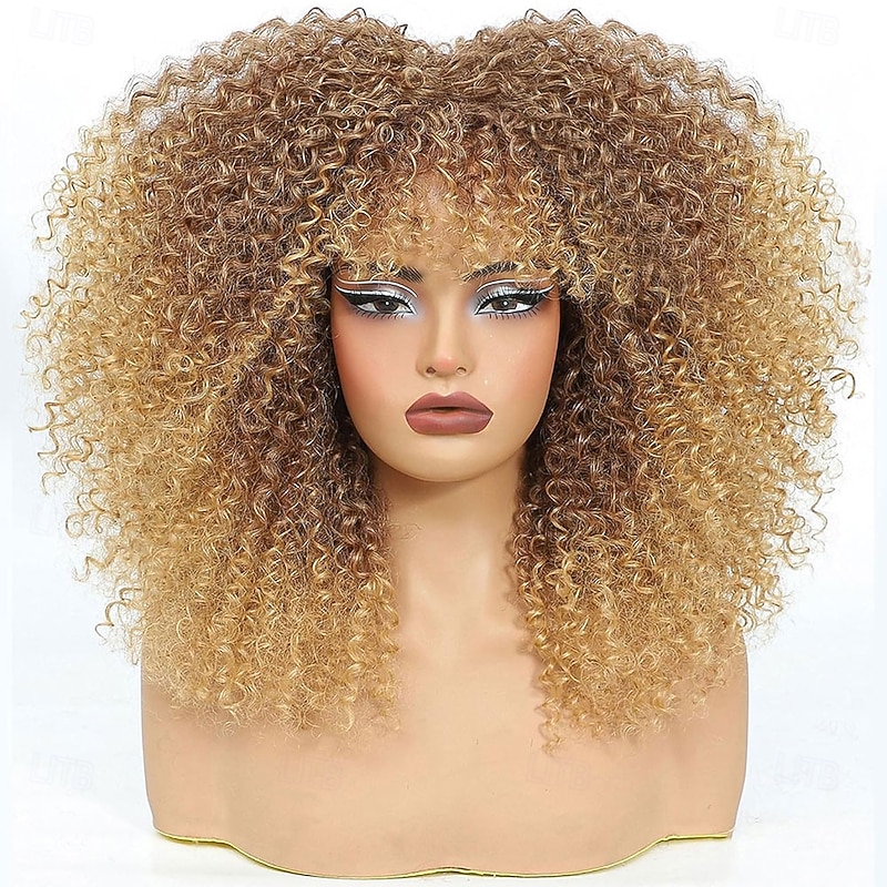 Curly Wig Afro Curly Wigs for Black Women Afro Kinky Curly Wig With Bangs Full and Fluffy Glueless Wig Synthetic Hair Replacement Wigs for Cosplay and Daily