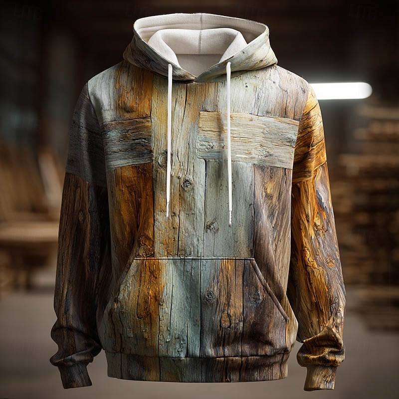 Men's Wood Grain 3D Hoodie Sweatshirt Ethnic Cowboy Crew Neck Streetwear Brown Drawstring Fall Winter Designer