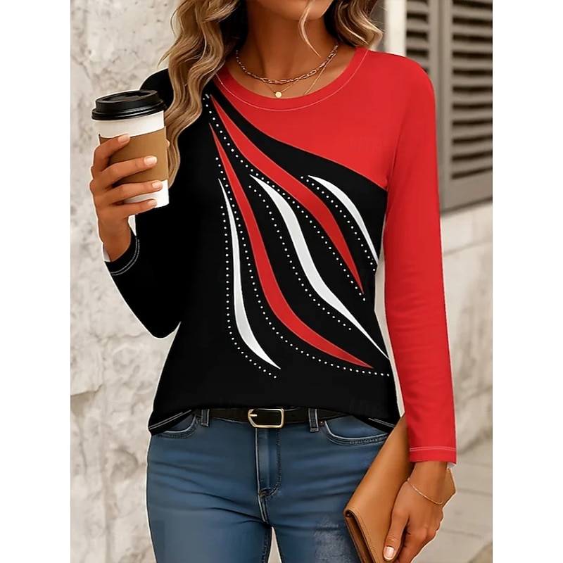 Women's T Shirt Graphic Geometric Striped Vintage Stylish Classic Long Sleeve Crew Neck Round Neck Regular Tops Daily Print Red Spring Fall Winter