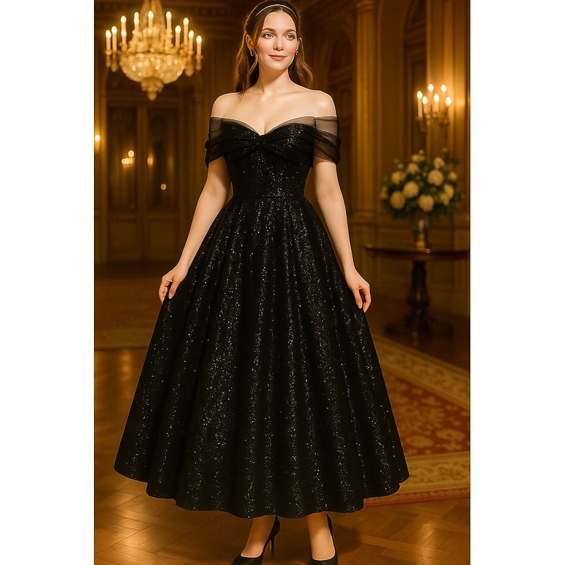 A-Line Cocktail Dresses Elegant Formal Dress Formal Wedding Floor Length Short Sleeve Off Shoulder Pocket Sequined with Glitter 20254