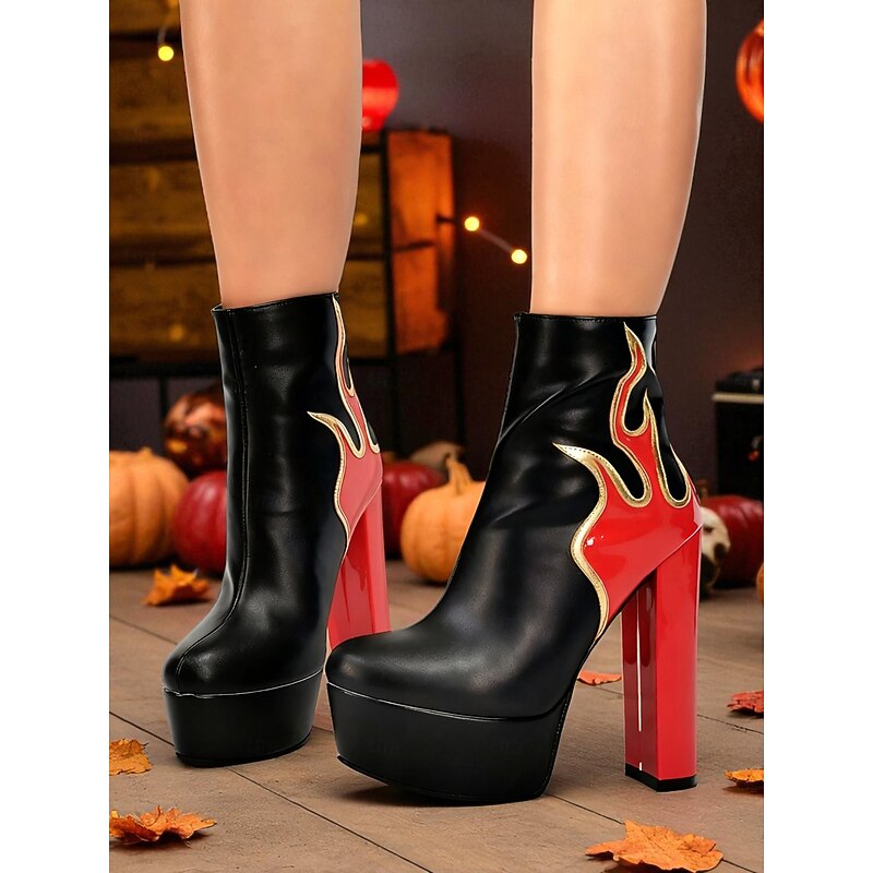 Women's Flame 1980s Punk Platform Ankle Boots – Black and Red Patent Leather with Fire Design, High Block Heel Booties for Halloween Party and Nightclub Outfits4