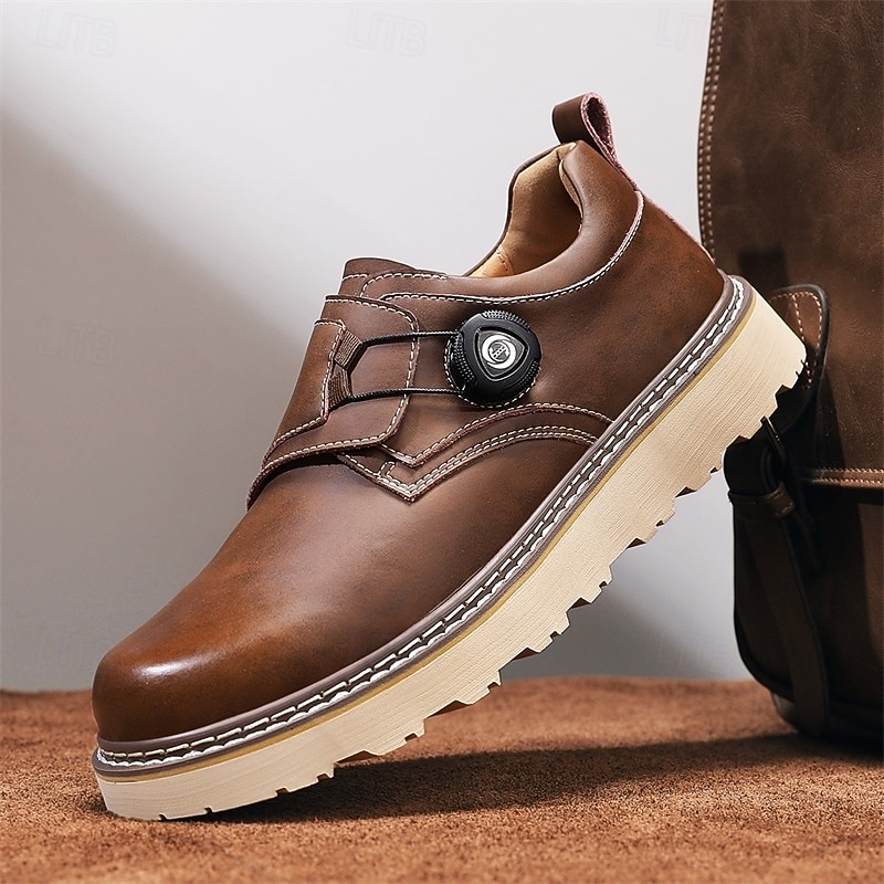 Men's Brown Casual Work Shoes – Durable Non-Slip Sole, Easy Twist Lock Closure, Comfortable Low-Top Design for Daily Wear, Office, and Outdoor Activities