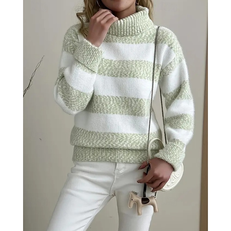 Women's Sweater Pullover Casual Soft Striped Ribbed Turtleneck Knitted Long Sleeve Regular Tops Knit Daily Holiday Weekend Light Green Pink Fall4