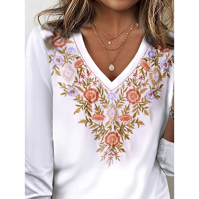 Women's T Shirt Floral Graphic Plants Vintage Stylish Classic Long Sleeve V Neck Regular Tops Daily Embroidered Print White Spring Fall Winter2