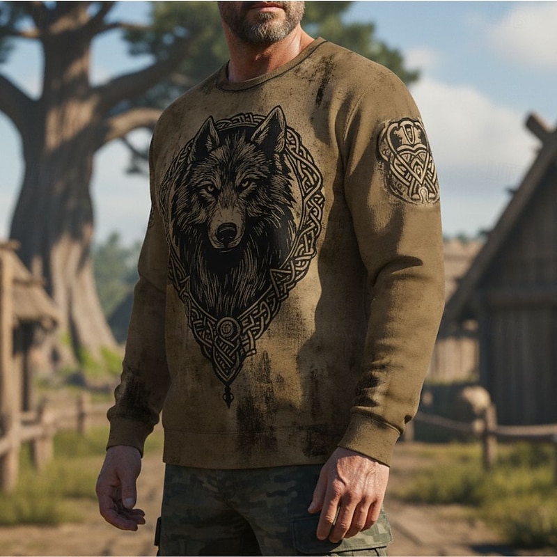 Men's Sweatshirt Blue Brown Green Crew Neck Wolf Celtic Knot Print Casual Daily Holiday Vintage Viking Fall Winter Clothing Apparel Hoodies Sweatshirts