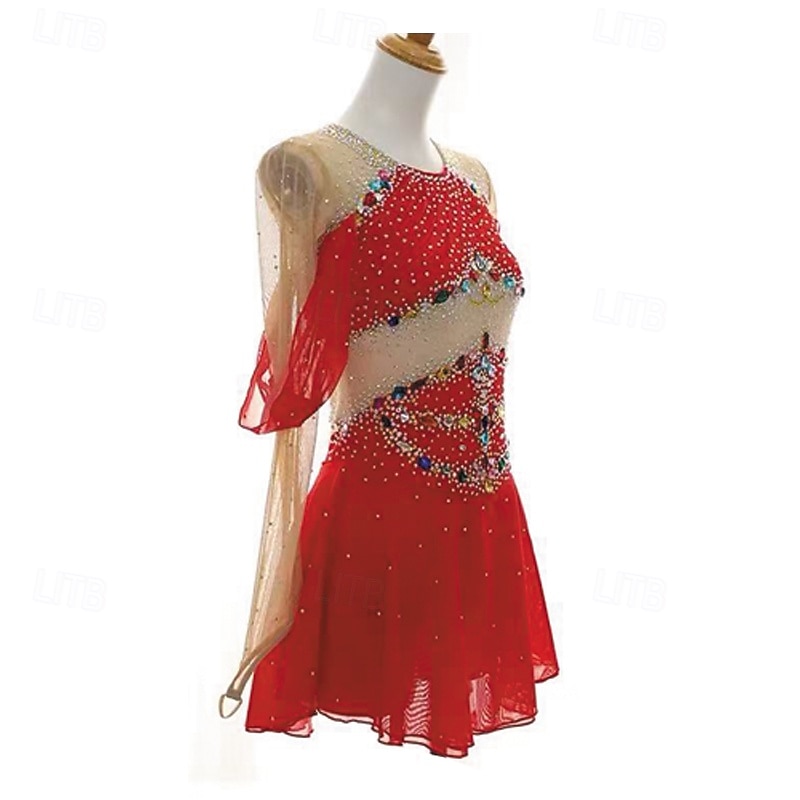 Figure Skating Dress Women's Girls' Ice Skating Dress Red Patchwork Thumbhole Mesh Spandex Stretchy Training Practice Professional Skating Wear Thermal Warm Crystal / Rhinestone Long Sleeve Ice4