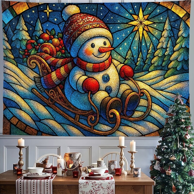Christmas Wall Tapestry Backdrop, Cute Snowman with Scarf and Gift,2025 Xmas Winter Wonderland Wall Hanging, Festive Holiday for Bedroom Living Room Party Decoration2
