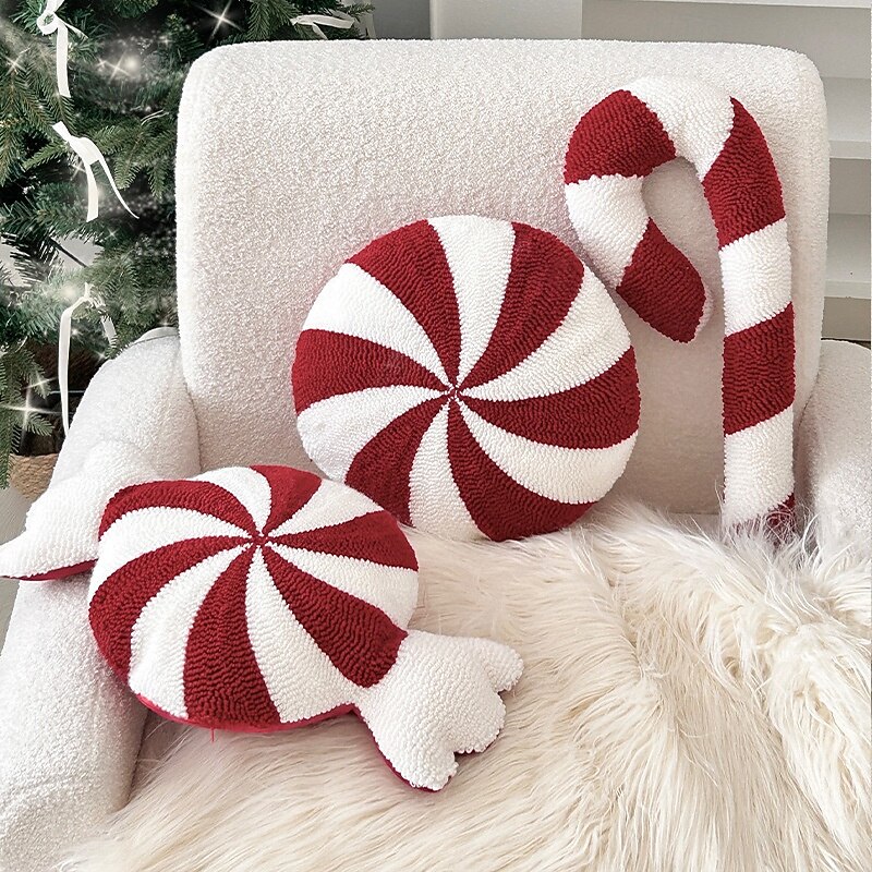 Nordic Christmas Decorative Pillow - Novelty Shaped Sofa Cushion with Embroidered Snowflake & Candy Design, Holiday Lumbar Throw Pillow2