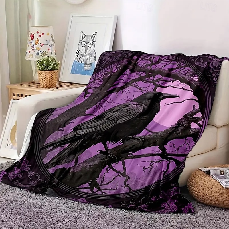 Halloween Fleece Throw Blanket for Couch Crow 3D Dark Punk Gothic Style Party Sofa Bed Decorative Warm Blanket Home Decor2