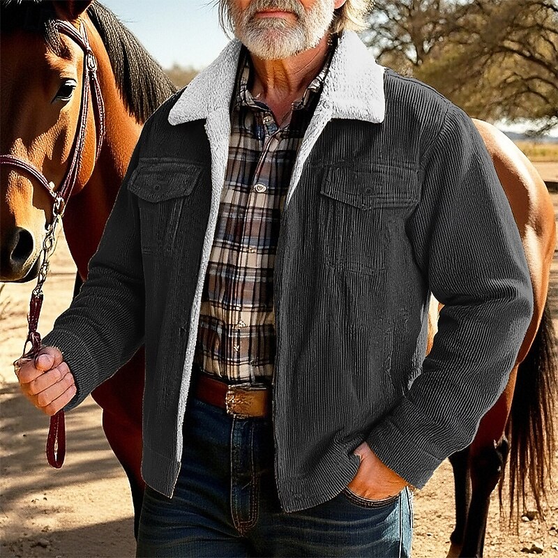 Men's Winter Jacket Corduroy Jacket Fleece Jacket Casual Jacket Vacation Daily Thermal Warm Pocket Fleece Fall Winter Plain Fashion Streetwear Lapel Regular Black Khaki Coffee Gray Jacket3