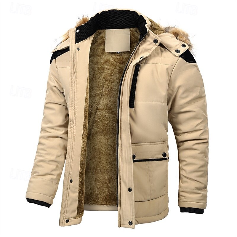 Men's Winter Coat Fleece Jacket Parka Pocket Fleece Polyster Vacation Daily Wear Date Regular Fashion Casual Comfortable Thermal Warm Fall Winter Solid / Plain Color Black Khaki Dark Blue Puffer