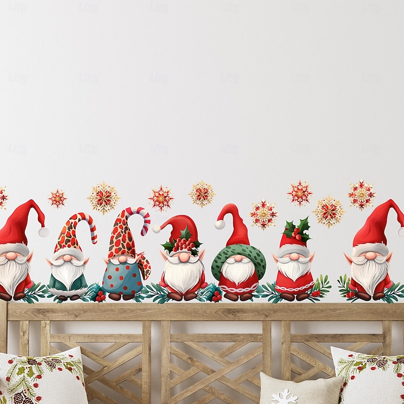 Christmas Sticker Wall Decals Cartoon Santa Claus Gnome Snowflake Removable Vinyl Mural Holiday Party Living Room Kitchen Door Window Home Decoration Background For Christmas Festival