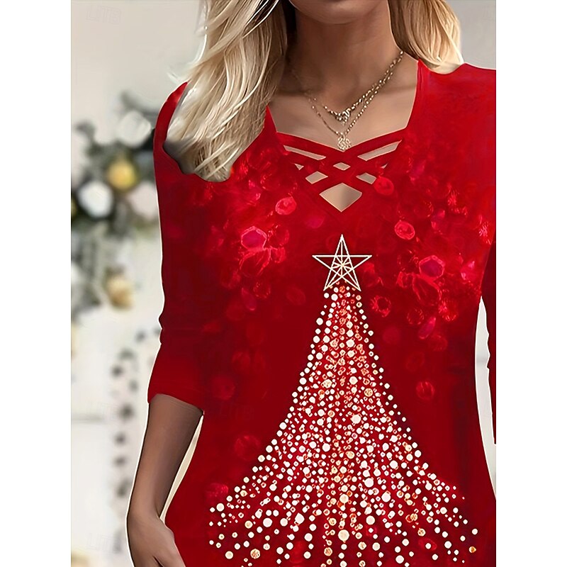 Christmas Women's T Shirt Graphic Christmas Tree Ugly Christmas Vintage Stylish Classic Long Sleeve V Neck Regular Tops Daily Tassel Tie Print Red Fall Winter2