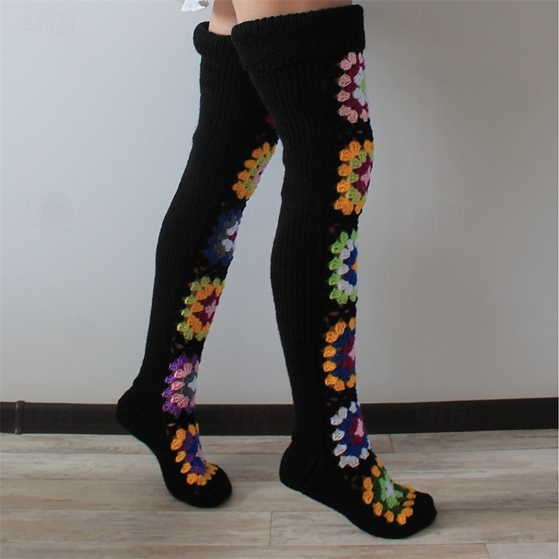 Women's Knee High Socks Stockings Outdoor Holiday Flower Polyester Basic Casual Elastic Warm 1 Pair2