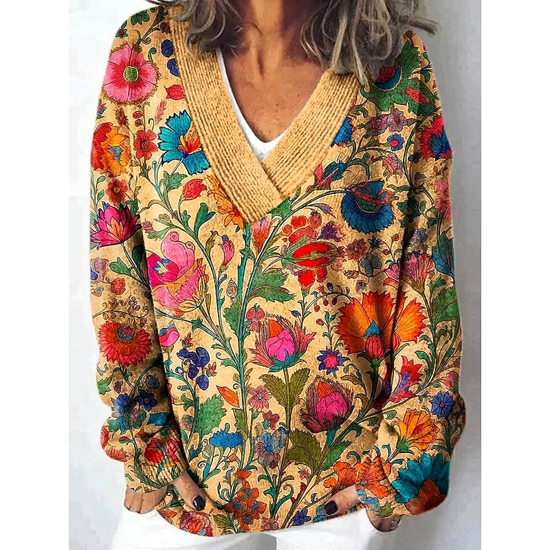 Women's Cardigan Daily Floral Graphic Geometric Ribbed Crew Neck V Neck Buttons Print Long Sleeve Regular Tops Knit Outdoor Weekend Red Brown Black Spring Fall4