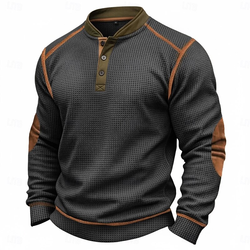 Men's Waffle T-shirt T Shirt Waffle Henley Shirt Long Sleeve Henley Fall Winter Cross-Seasons Solid Color Traditional / Vintage Color Block Outdoor Home Sports & Outdoor Black Wine Navy Blue Top Tee3