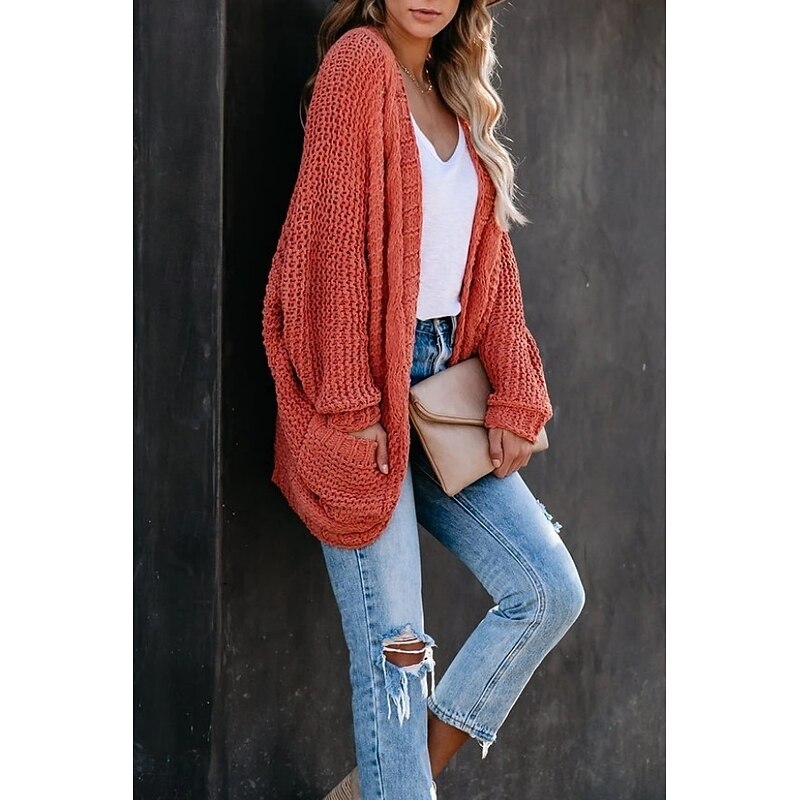 Women's Sweater Cardigan Elegant Fashion Streetwear Pure Color Open Front Pocket Knitted Long Sleeve Regular Tops Knit Outdoor Daily Weekend Black Red Fall Winter2