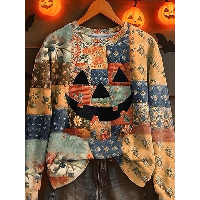 Halloween Women's Pullover Sweatshirt Graphic Pumpkin Fashion Casual Long Sleeve Crew Neck Regular Tops Street Dailywear Casual Print Black Orange Fall Winter2