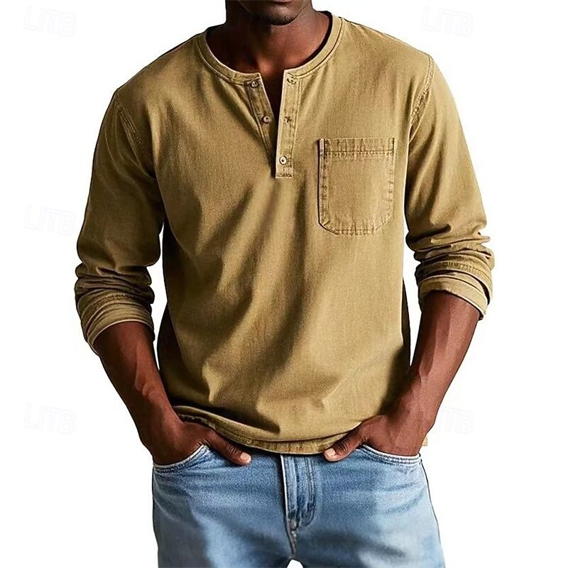 Men's T Shirt Henley Shirt Tee Tee Top Long Sleeve Henley Spring Fall Plain Fashion Designer Basic Pockets Vacation Street Going out Black Red Navy Blue Top Tee for Men3