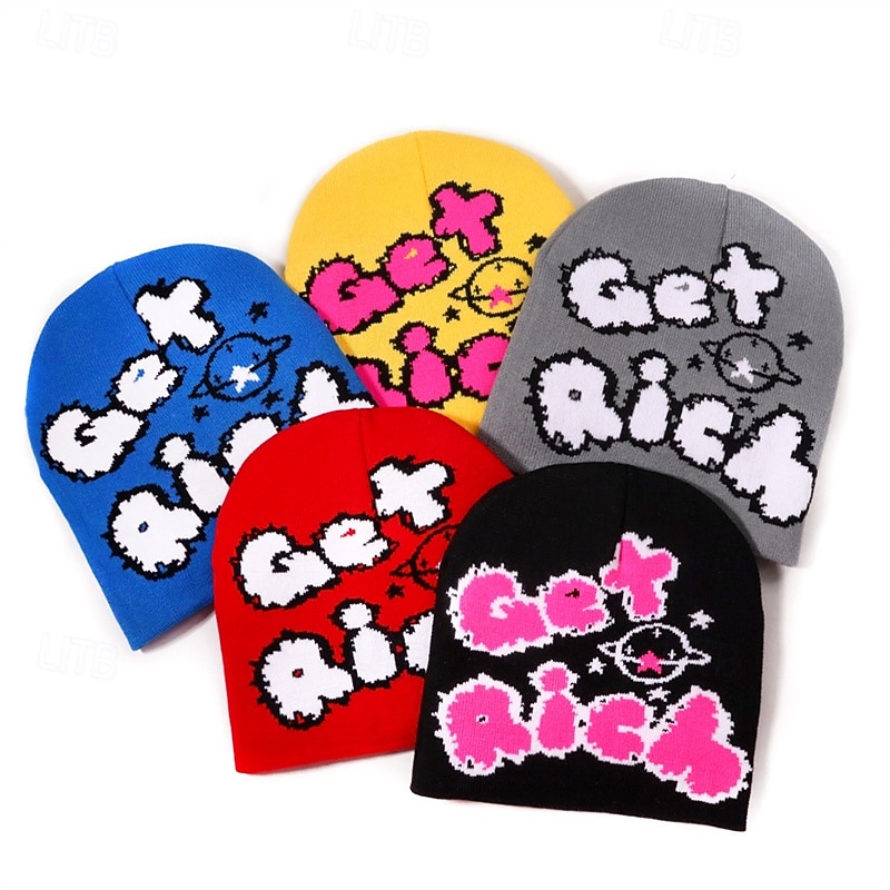 Men's Unisex Beanie Hat Winter Hats Beanies Knit Hat Winter Beanie Black Yellow Acrylic Fibers Knitted Cozy Daily Wear Going out Letter Soft Warm