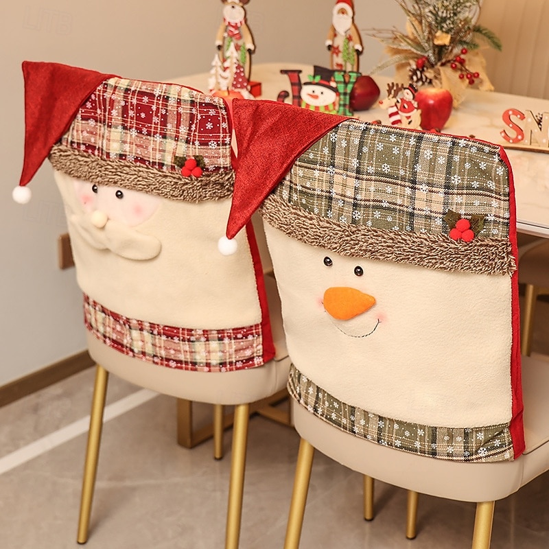 Christmas Chair Covers with Santa Claus Hat Design, Cartoon Santa with Snowflake Pattern, Festive Holiday Chair Slipcovers for Home Decoration and Dining Room