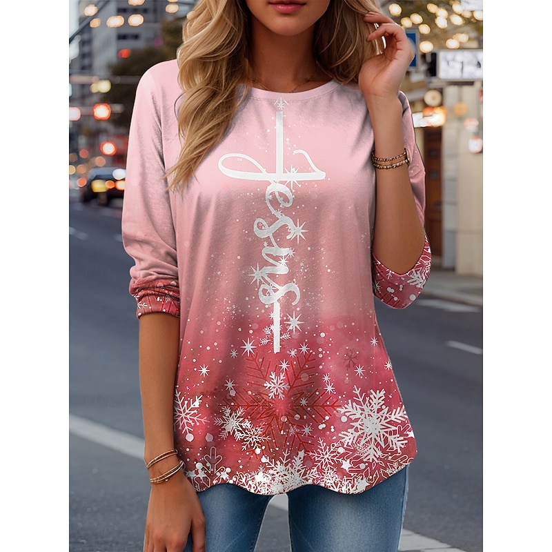 Women's T Shirt Ombre Graphic Snowflake Vintage Fashion Stylish Long Sleeve Crew Neck Regular Tops Daily Weekend Print Pink Blue Purple Green Spring Fall Winter2