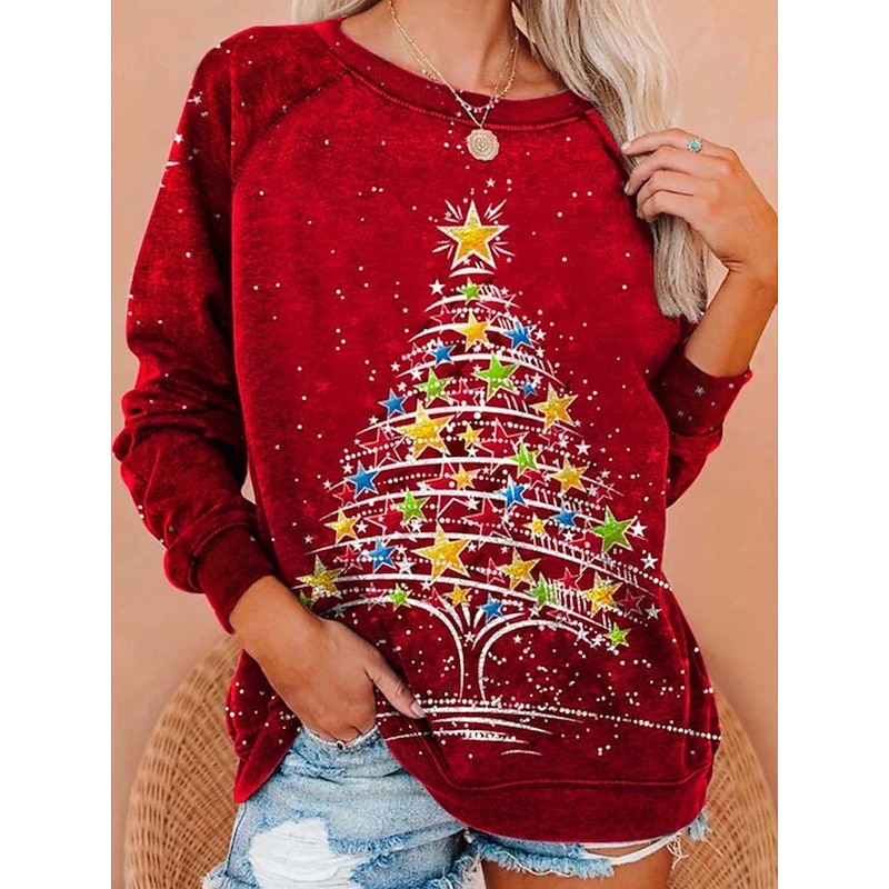 Christmas Women's Pullover Sweatshirt Graphic Christmas Tree Fashion Casual Long Sleeve Crew Neck Regular Tops Street Dailywear Holiday Print Yellow Red Fall Winter