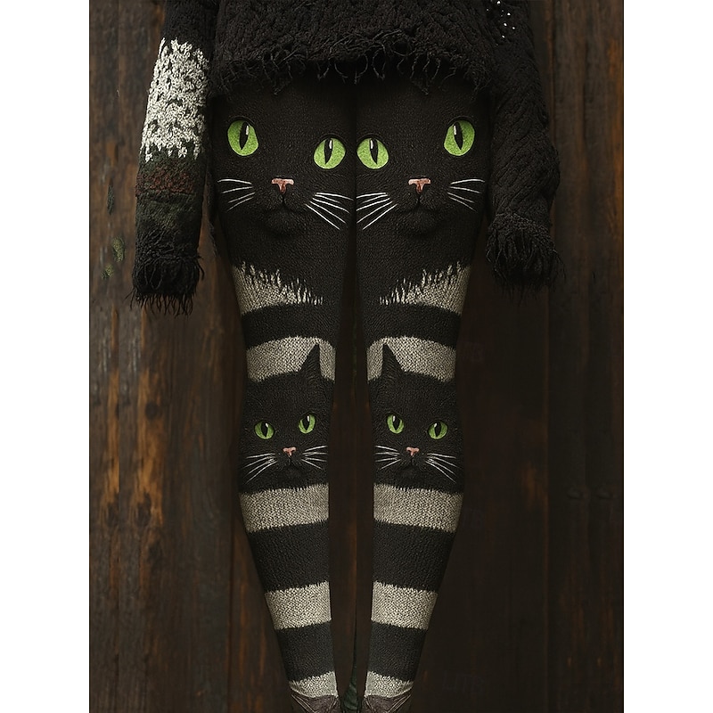 Women's Leggings Vacation Vintage Ethnic Style Full Length High WaistPantsHalloween Graphic Animal Cat 3D Print Quick Dry Breathability Soft Stretchy Formal Outdoor Vacation Dark Grey Orange Green2