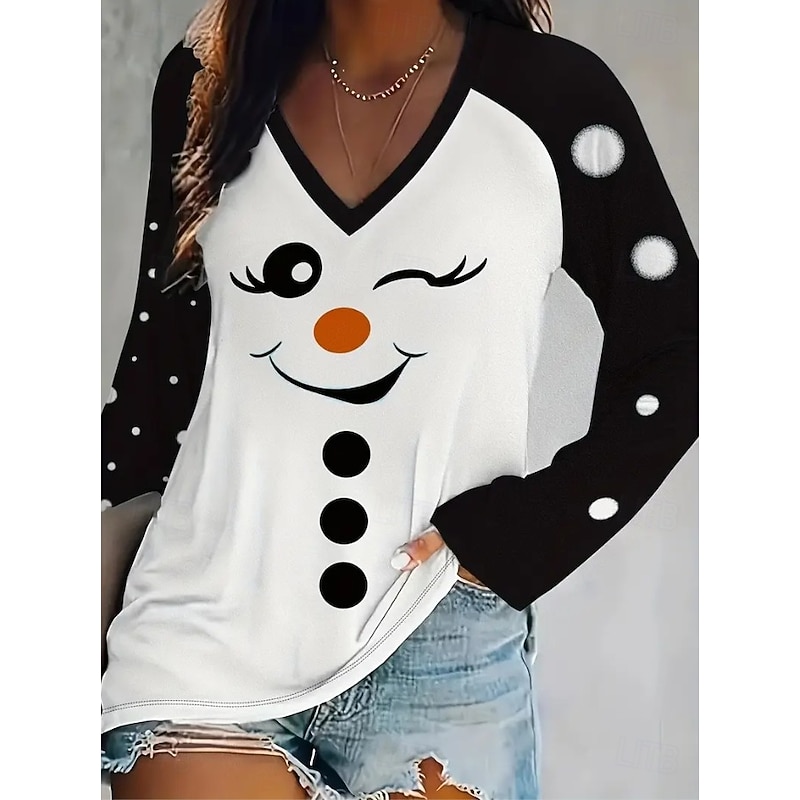 Christmas Women's T Shirt Graphic Snowman Vintage Stylish Classic Long Sleeve V Neck Regular Tops Daily Print Black and White Blue Green Beige Spring Fall Winter