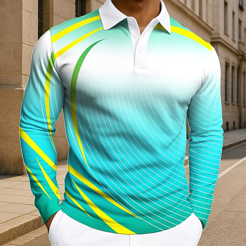 Men's Geometic Line Polo Long Sleeve Polo Shirts Lapel Casual Athleisure Daily Wear 3D Print Buttons Spring Fall Winter Blue Purple Green2