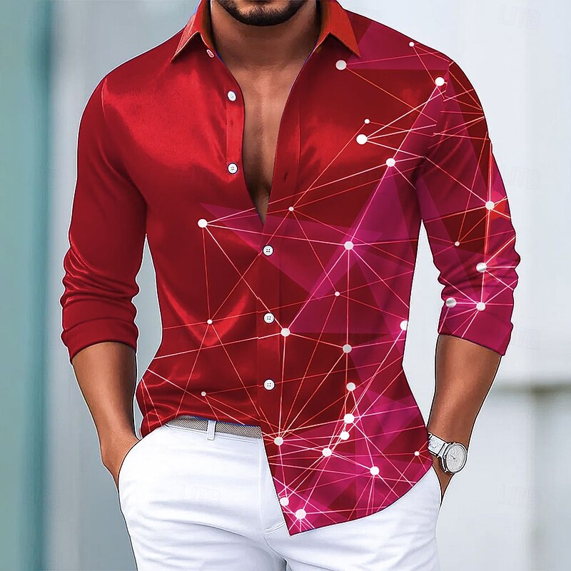 Men's Geometric Galaxy Star Print Gradient Color Shirt Satin Shirt Dress Shirt Long Sleeve Fashion Casual Vacation Dailywear Summer Spring Fall Turndown 3D Print Button Up Shirts Black Red Blue Green3